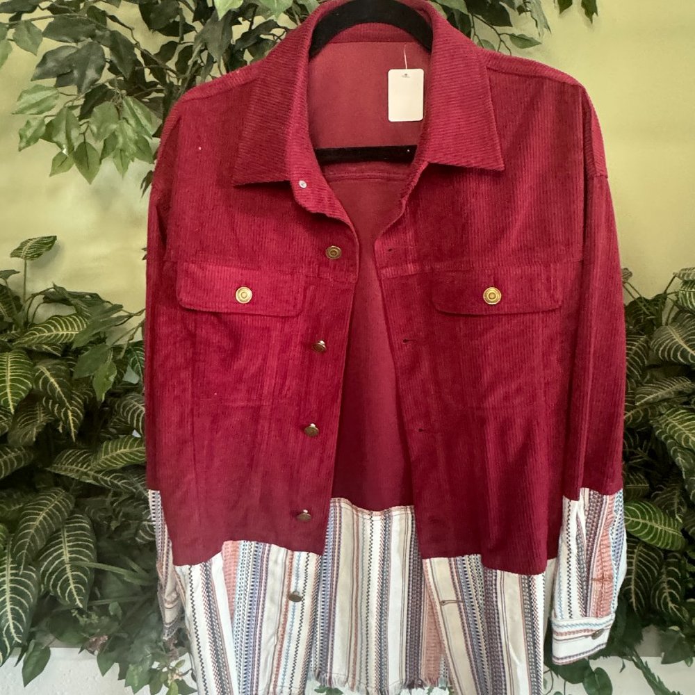 Wine Corduroy Button Front Lightweight Jacket